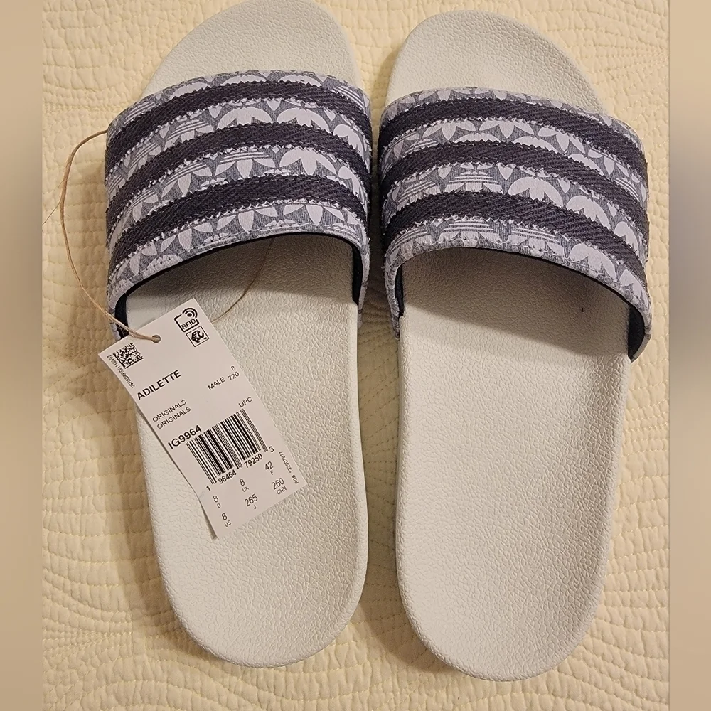 NWT Adidas Men's Slip On Adilette Slides with Denim Blue Colorway